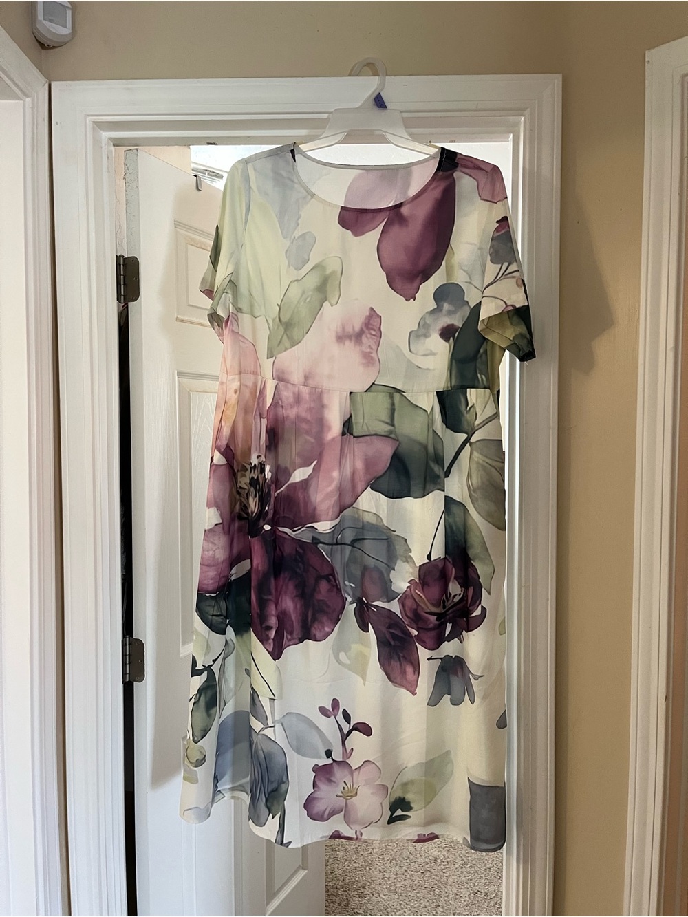 Floral Watercolor Midi Dress in Cream and Plum